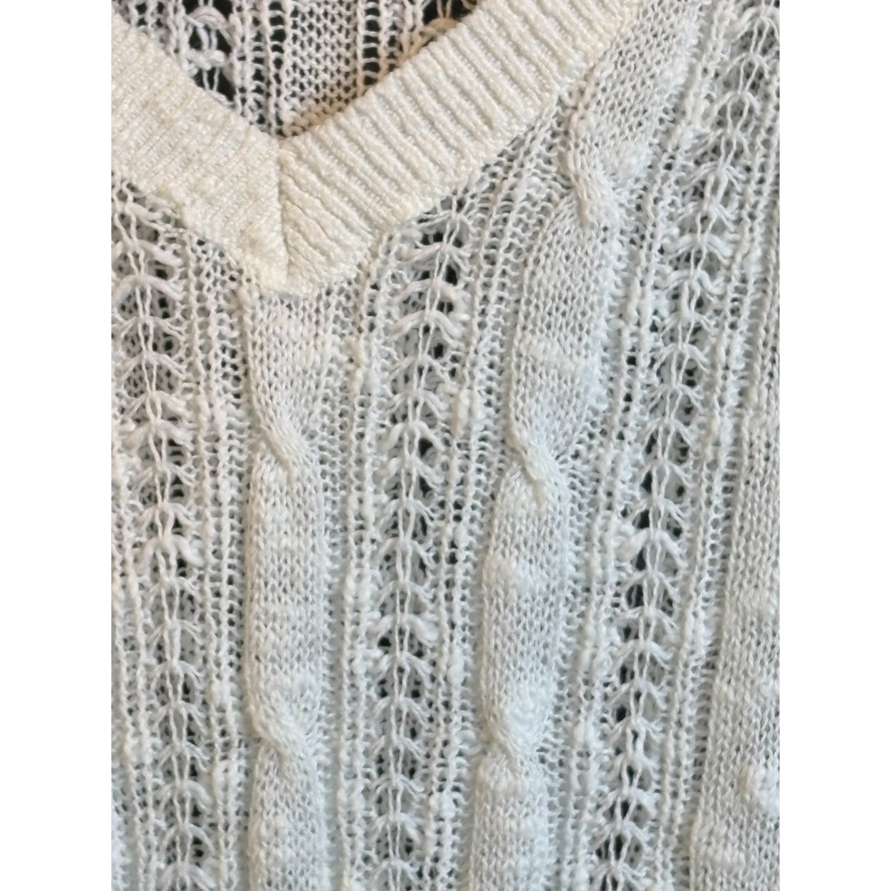 Vtg Y2K Hollister Open Knit Cable White Slim Fit Sweater Top Deep V sz L - Picture 4 of 16